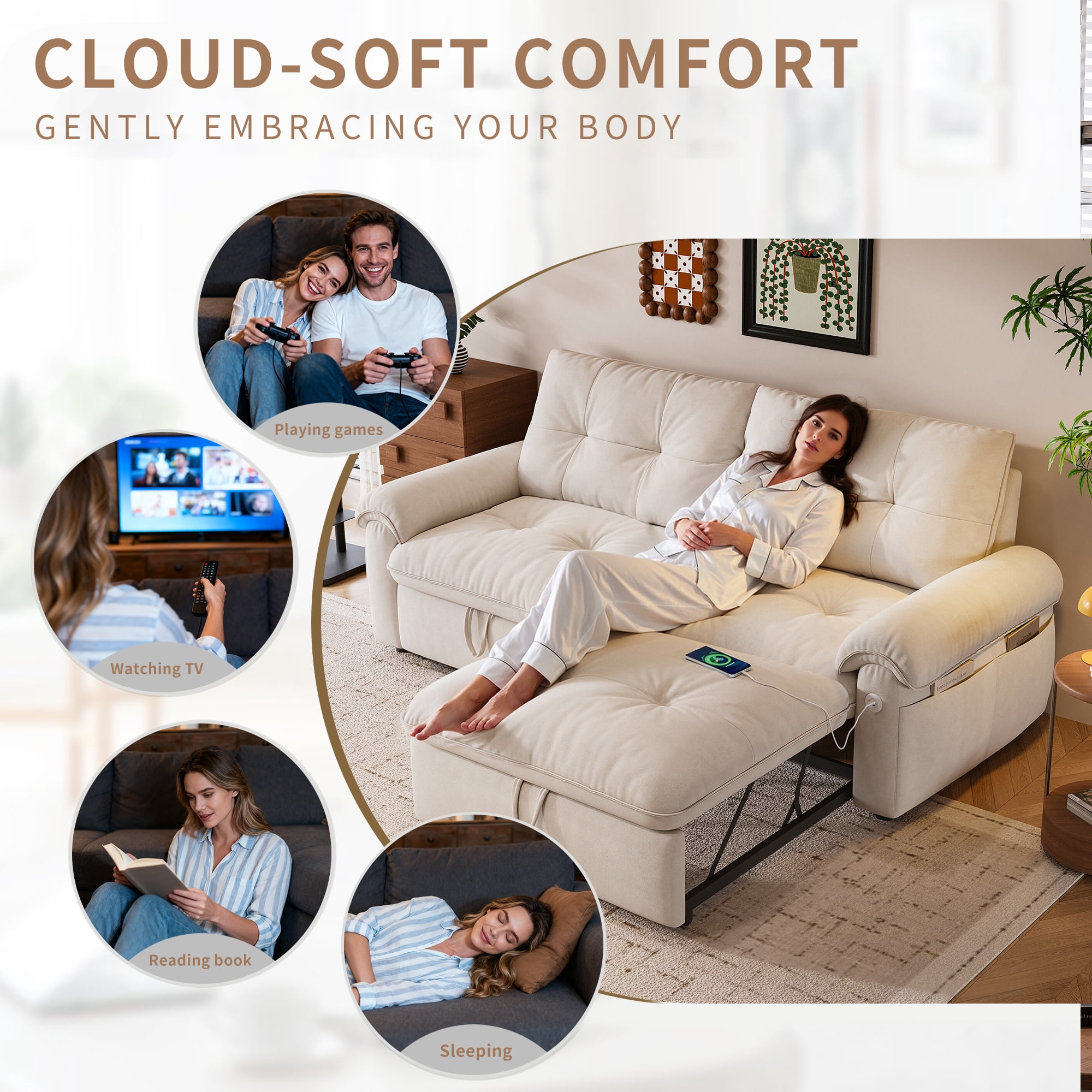 LLappuil 77" Pull Out Sofa Bed Queen Size, Loveseat Sofa Convertible Sleeper Sofa Bed, Flannelette Fabric Sofa Couch for Living Room Beige