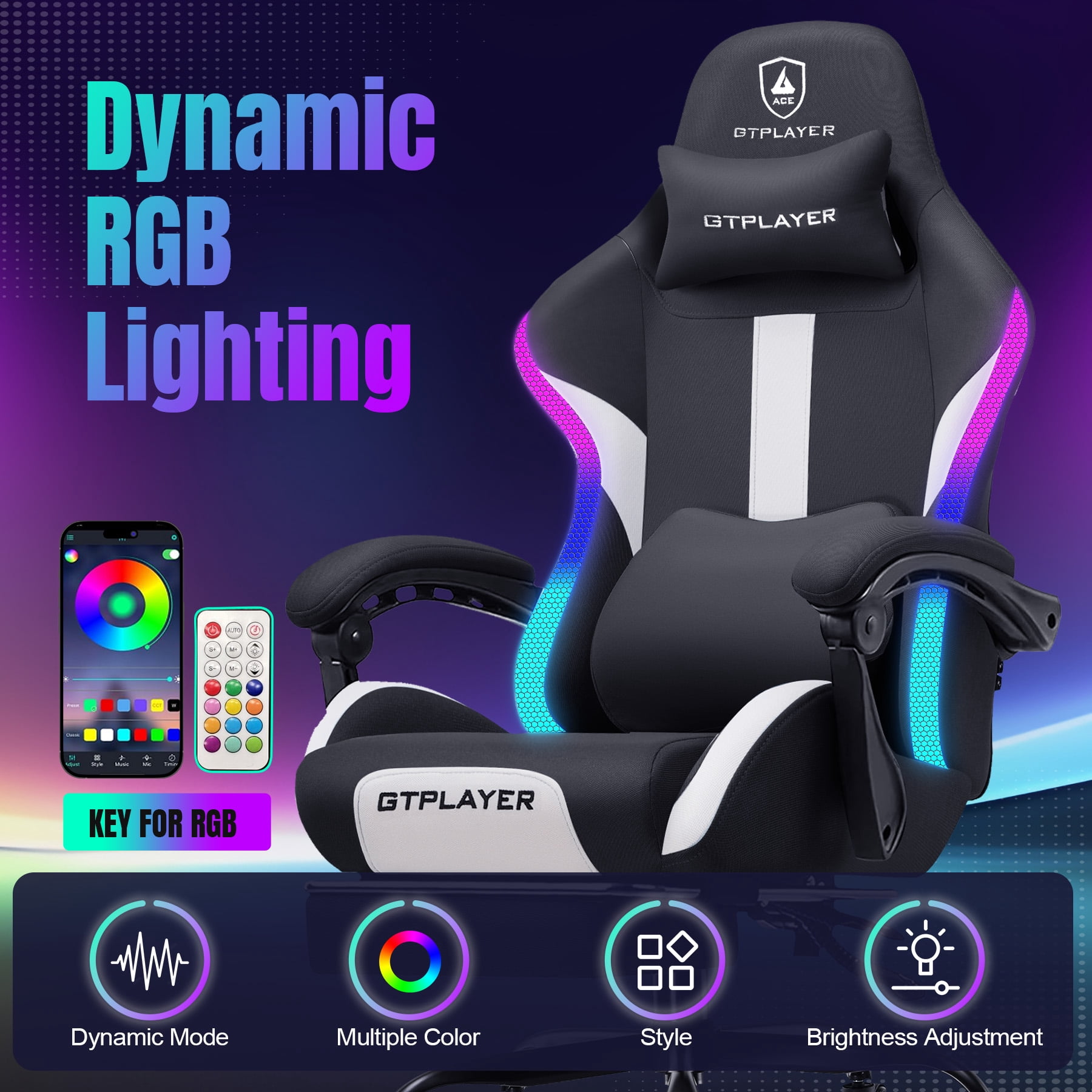 GTRACING RGB Gaming Chair with  Racing Style RGB LED Lights & Foot Rest , Breathable Fabric Ergonomic Computer Chair for Home Office Desk