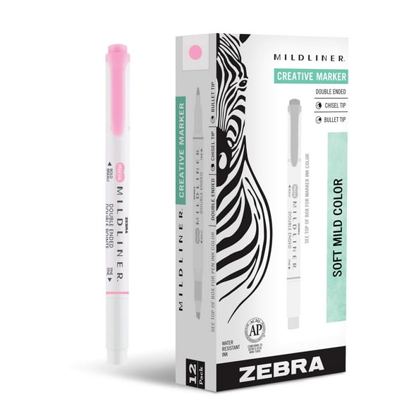 Iluminadores Zebra Pen Mildliner de doble punta, rosa suave, paquete de 12