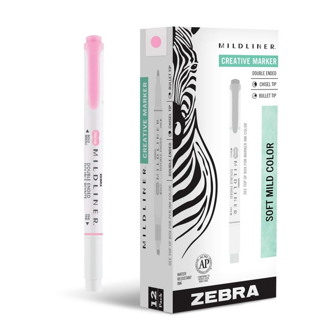 Iluminadores Zebra Pen Mildliner de doble punta, rosa suave, paquete de 12