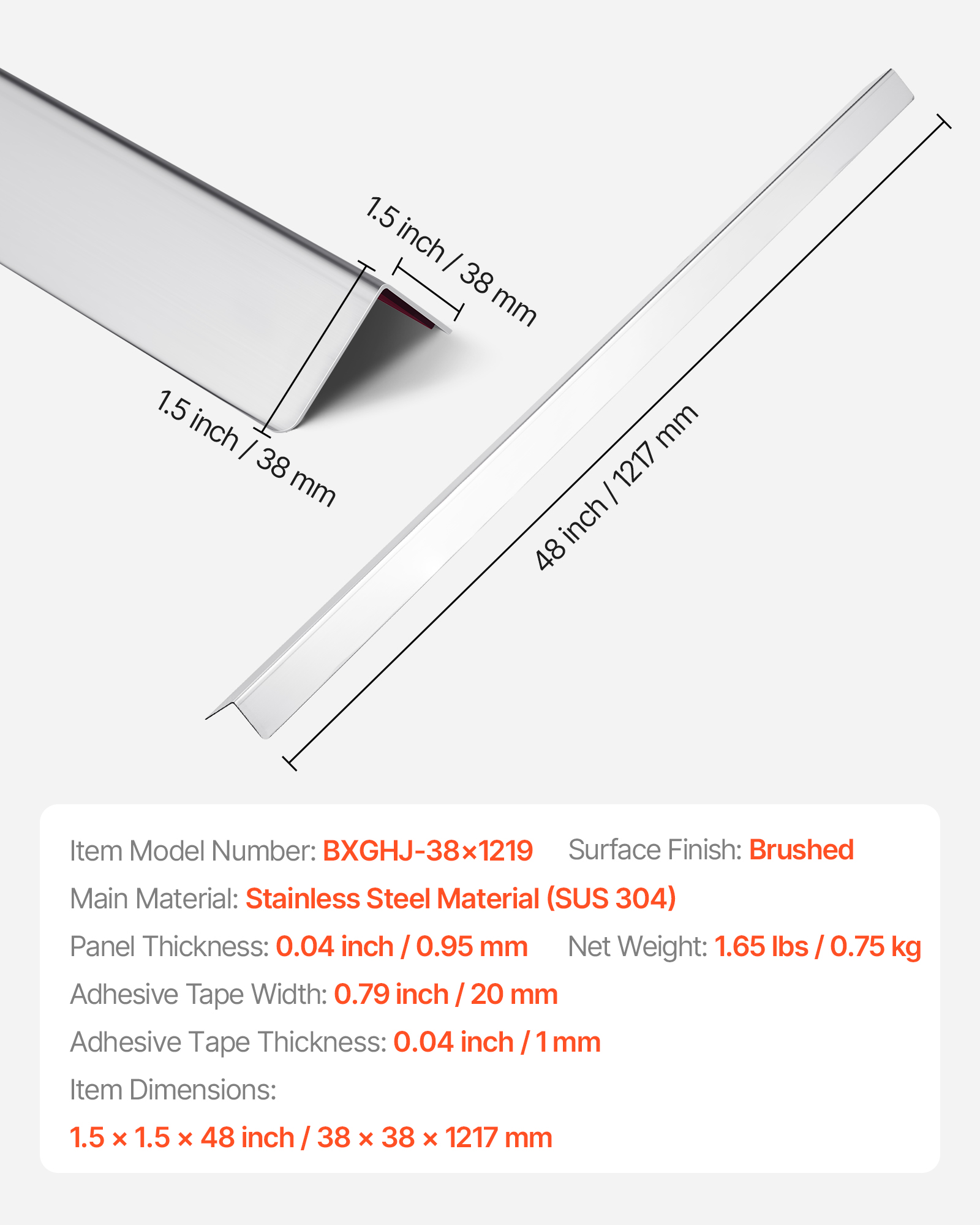 VEVOR Stainless Steel Wall Corner Protector, 1.5 x 1.5 x 48 inch, 10 Pack Metal Corner Guards, 304 Stainless Steel Edge Trim 90-Degree Angle for Home,Office,Commercial Wall Protection, with 3m Tape