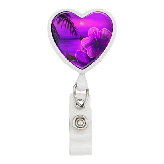Beach Sunset Hibiscus Flower Hawaiian Purple Heart Lanyard Retractable Reel Badge ID Card Holder - White