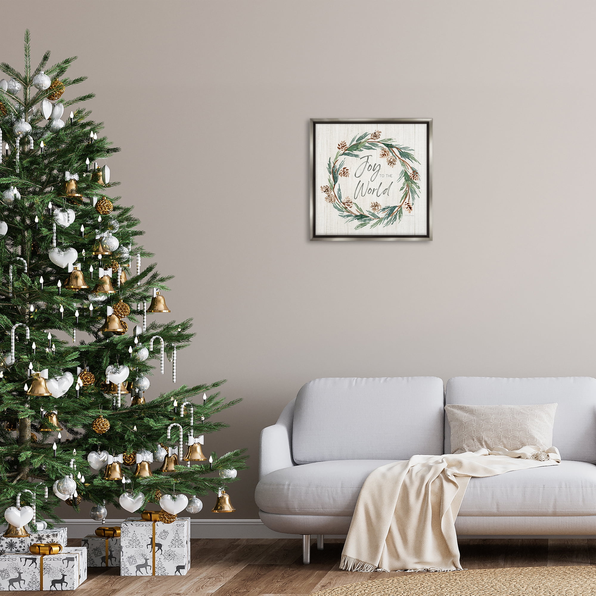 Stupell Industries Joy Pinecone Wreath Holiday Painting Gray Floater Framed Canvas Art Prints Wall Art, 25 x 25