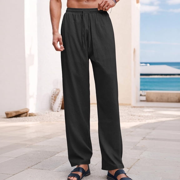 Domuza Pants for Men Mens Casual Drawstring Elastic Waist Linen Summer Beach Straight Legs Beach Trousers Black L