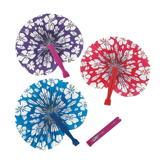 Paper Hibiscus Print Folding Fans - Party Supplies - 12 Pieces