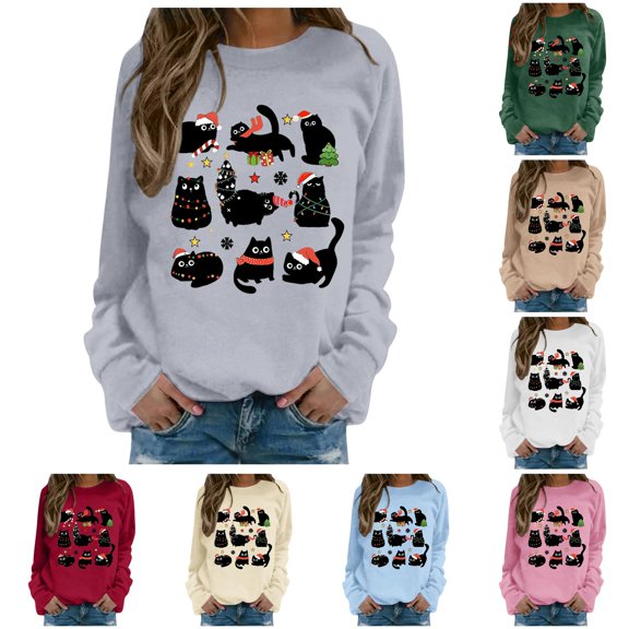 Women Cute Christmas Cat Graphic Crewneck Sweatshirt Casual Holiday Xmas Long Sleeve Pullover Top