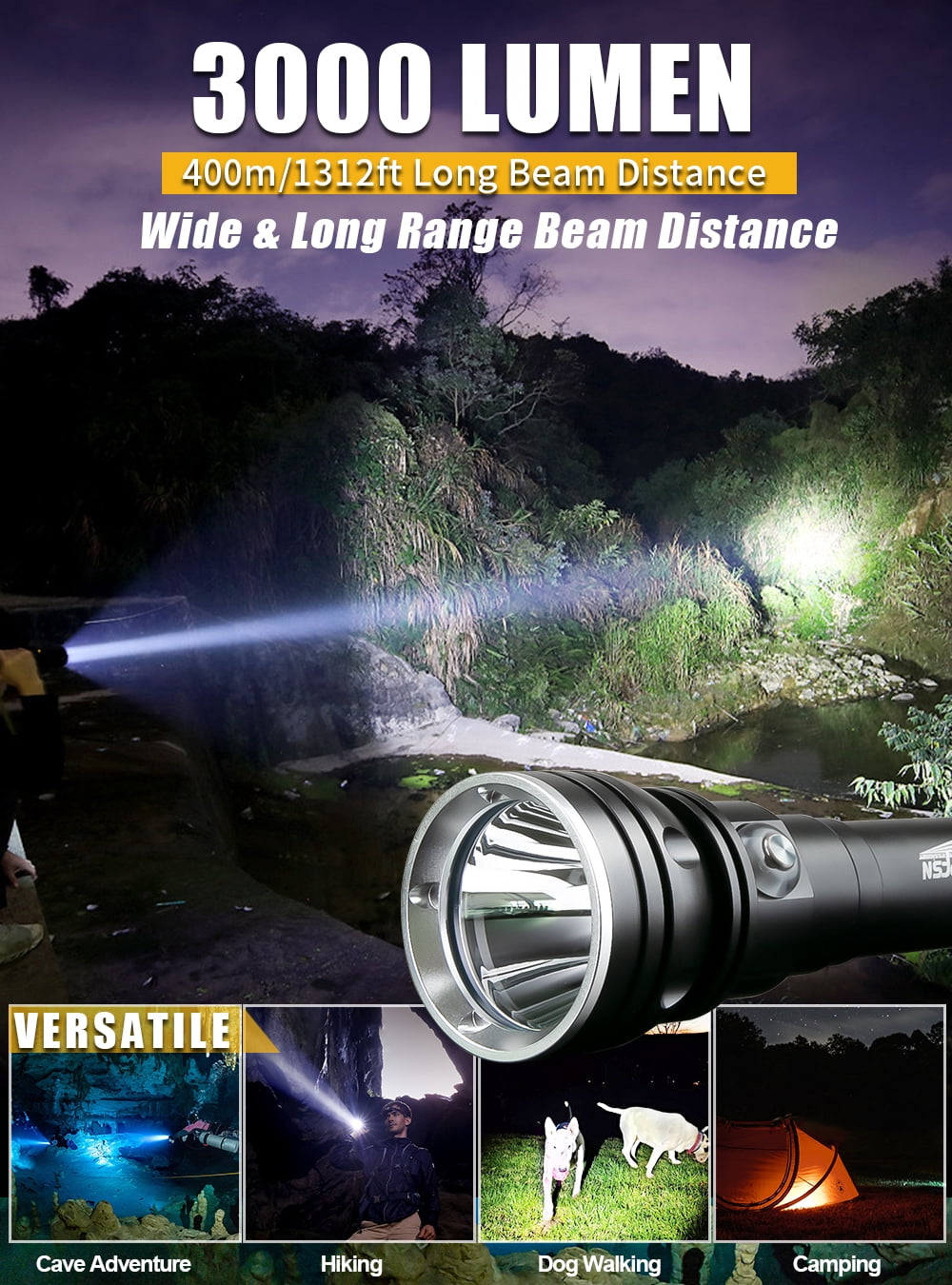 PFSN Scuba Dive Light 3000 Lumens, Waterproof Diving Flashlight for Caving, Snorkeling & Deep Diving