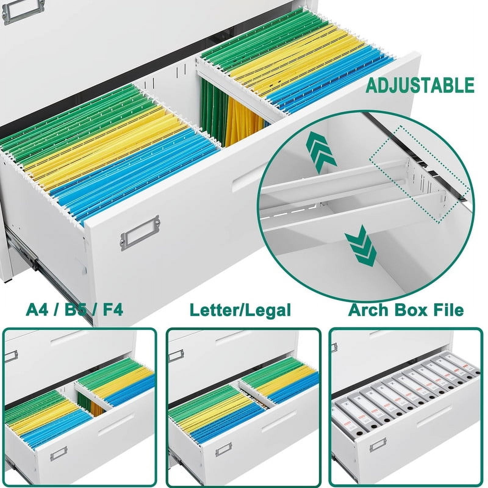 MIIIKO 2 Drawer Lateral File Cabinet with Lock, White Lateral Filing Cabinet for Legal/Letter A4 Size, Locking Wide File Cabinet for Home Office, Metal