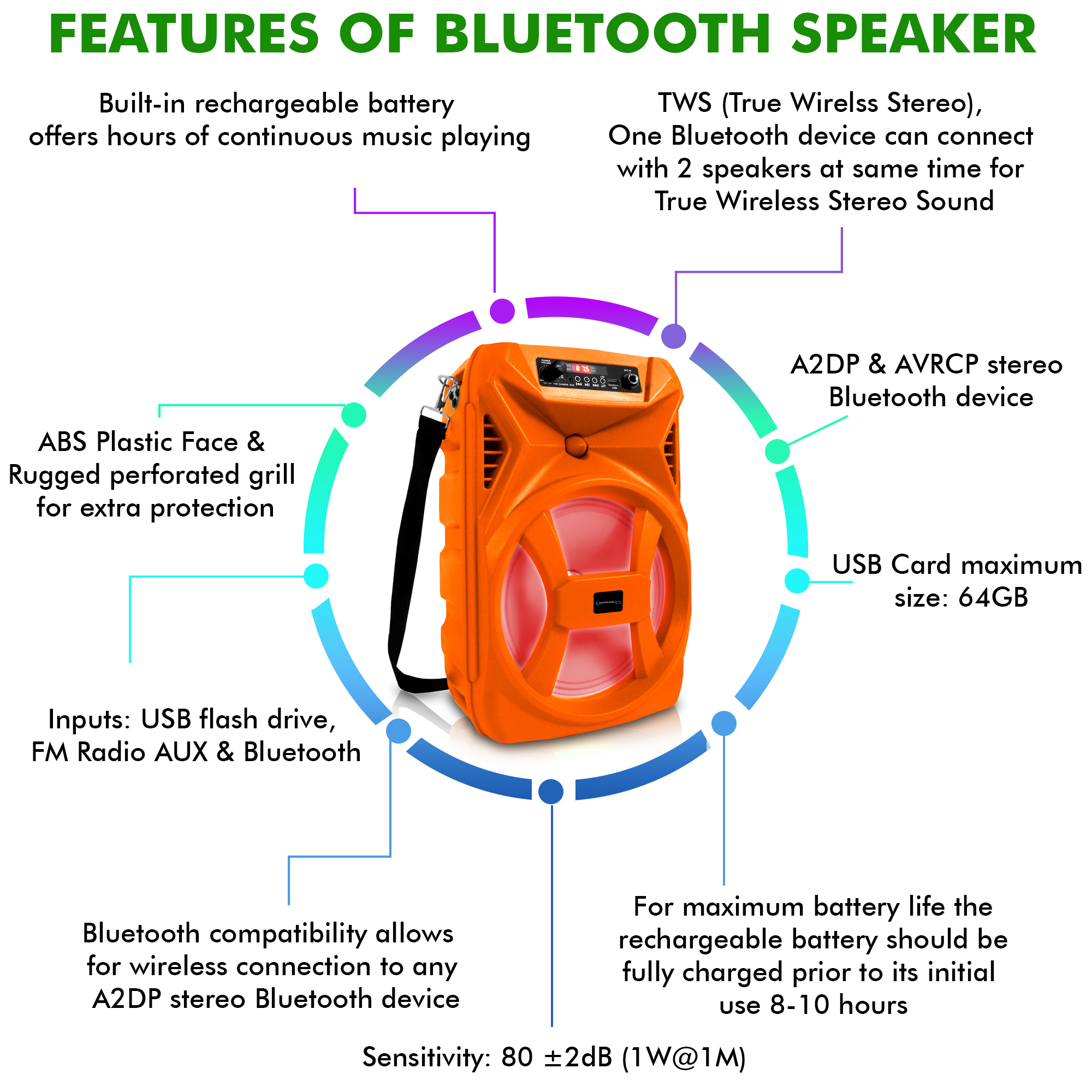 Technical Pro 8 Inch 500 Watts Portable Bluetooth Speaker with Woofer & Tweeter, Festival PA LED Speaker with Bluetooth/USB Card Inputs, True Wireless Stereo, 30 Feet Bluetooth Range(Orange) - image 3 of 7