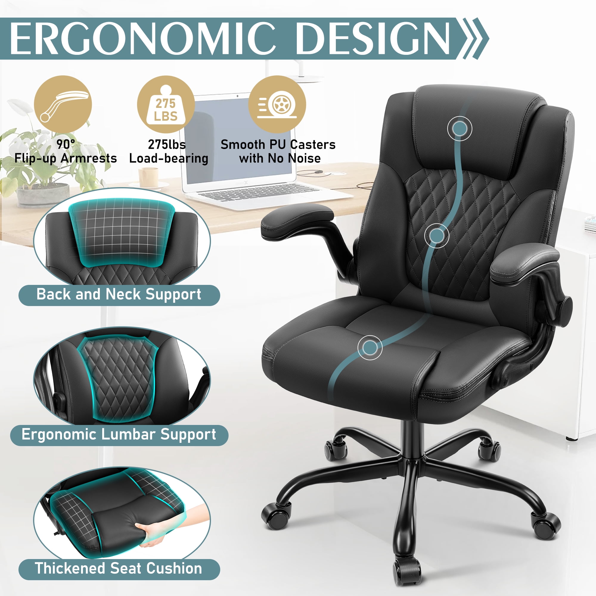Brick Attic Leather Office Chair, Home Computer Desk Chairs with Ergonomic Back Support, 360°Swivel Free, Small Gaming Chair with Wheels and Adjustable Armrests,Black
