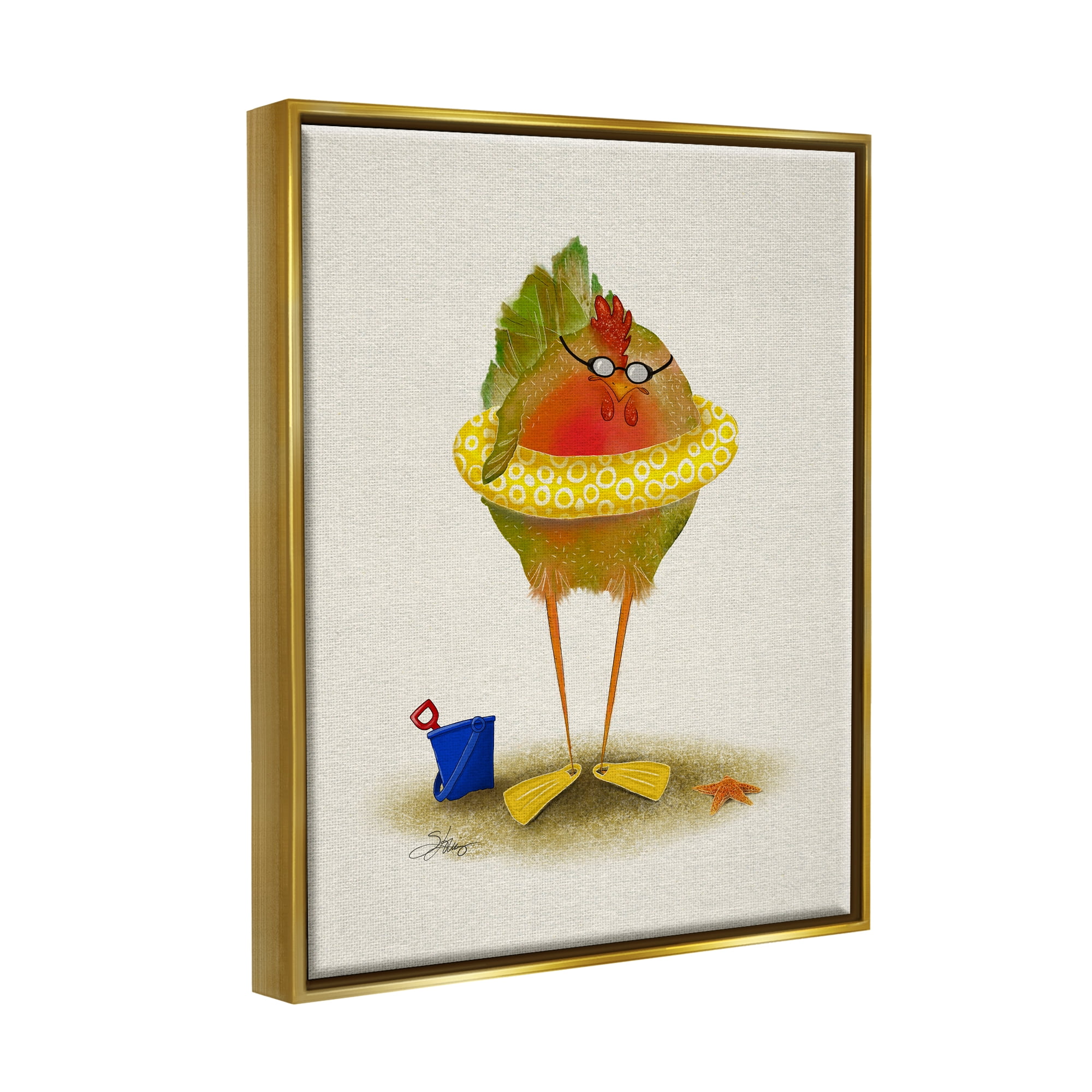 Stupell Fun Whimsical Bird Beach Tube Landscape Painting Gold Floater Framed Art Print Wall Art