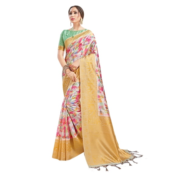 Sarees for Women Banarasi Art Silk Digital Print Sari with Zari Resham Woven Border - Indian Gift Saree & Unstitched Blouse