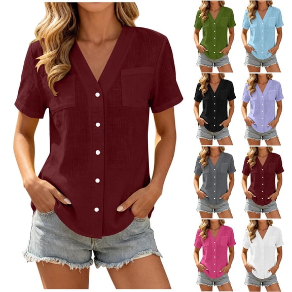 Yievot Womens Button Down Shirts Blouses V Neck Short Sleeve Relaxed Fit Summer Tops with Pockets