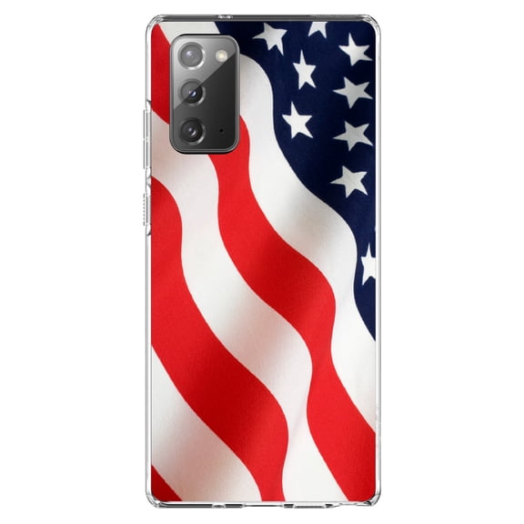 DistinctInk Clear Shockproof Hybrid Case for Samsung Galaxy Note 20 (6.7" Screen) - TPU Bumper, Acrylic Back, Tempered Glass Screen Protector - Red White Blue United States Flag USA - America