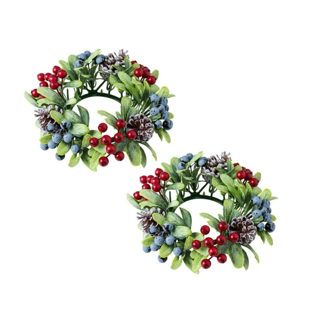 Christmas Candle Rings Wreath 3 Inch Center Pine Cone Red Berry Artificial Greenery Candle Holder Centerpiece for Holiday Table Mantle Decor