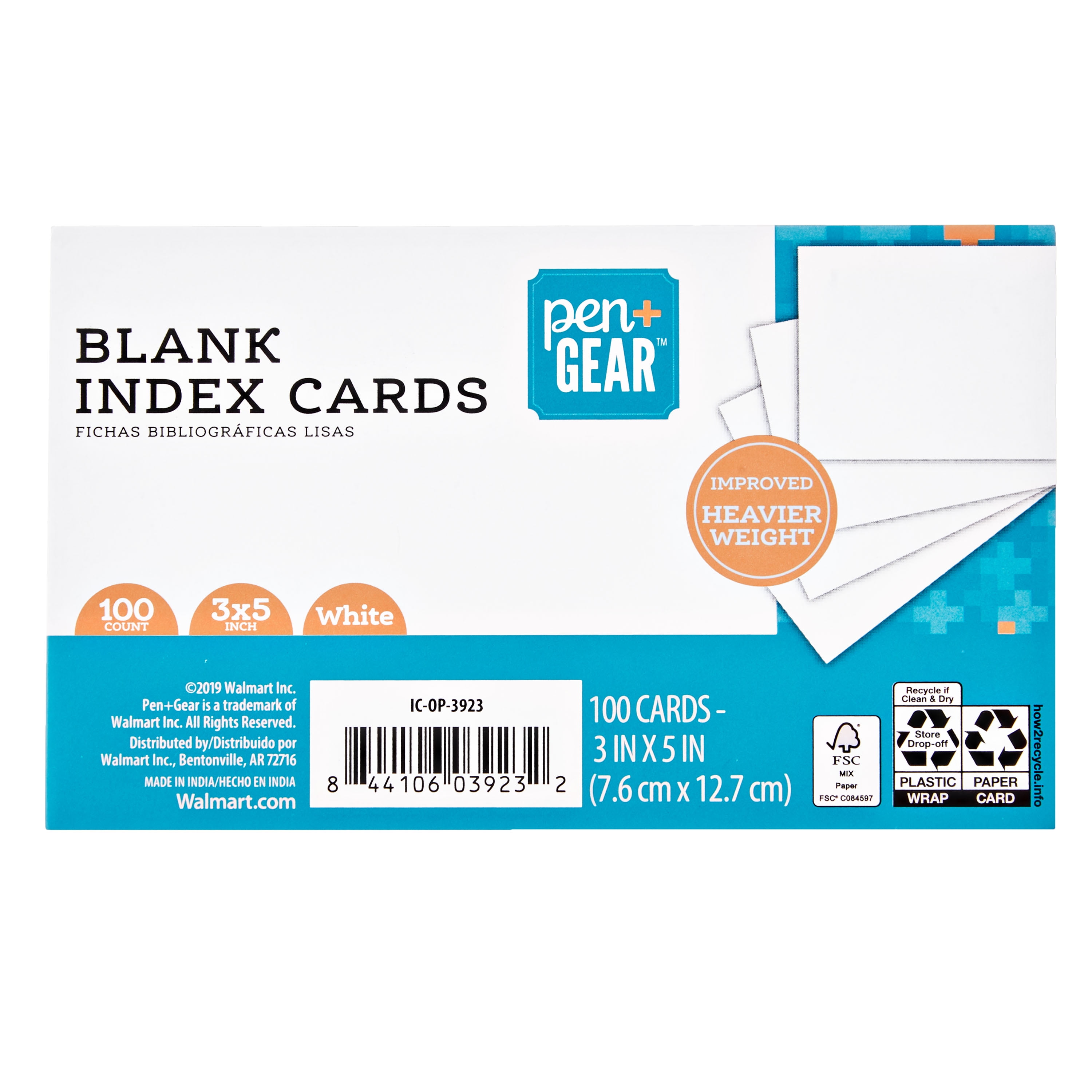 Pen + Gear Unruled Index Cards, White, 100 Count, 3" x 5"