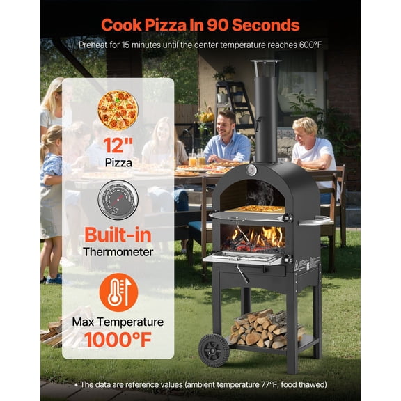 Outdoor Pizza Oven,12"Pellet Fire Ovens,2-Layer Pizza Oven Wood Fired,Wood Burning Outdoor Pizza-Oven with 2 Removable Wheels,1000 F Max Temperature Fired Pizza-Maker Ovens for Barbecue