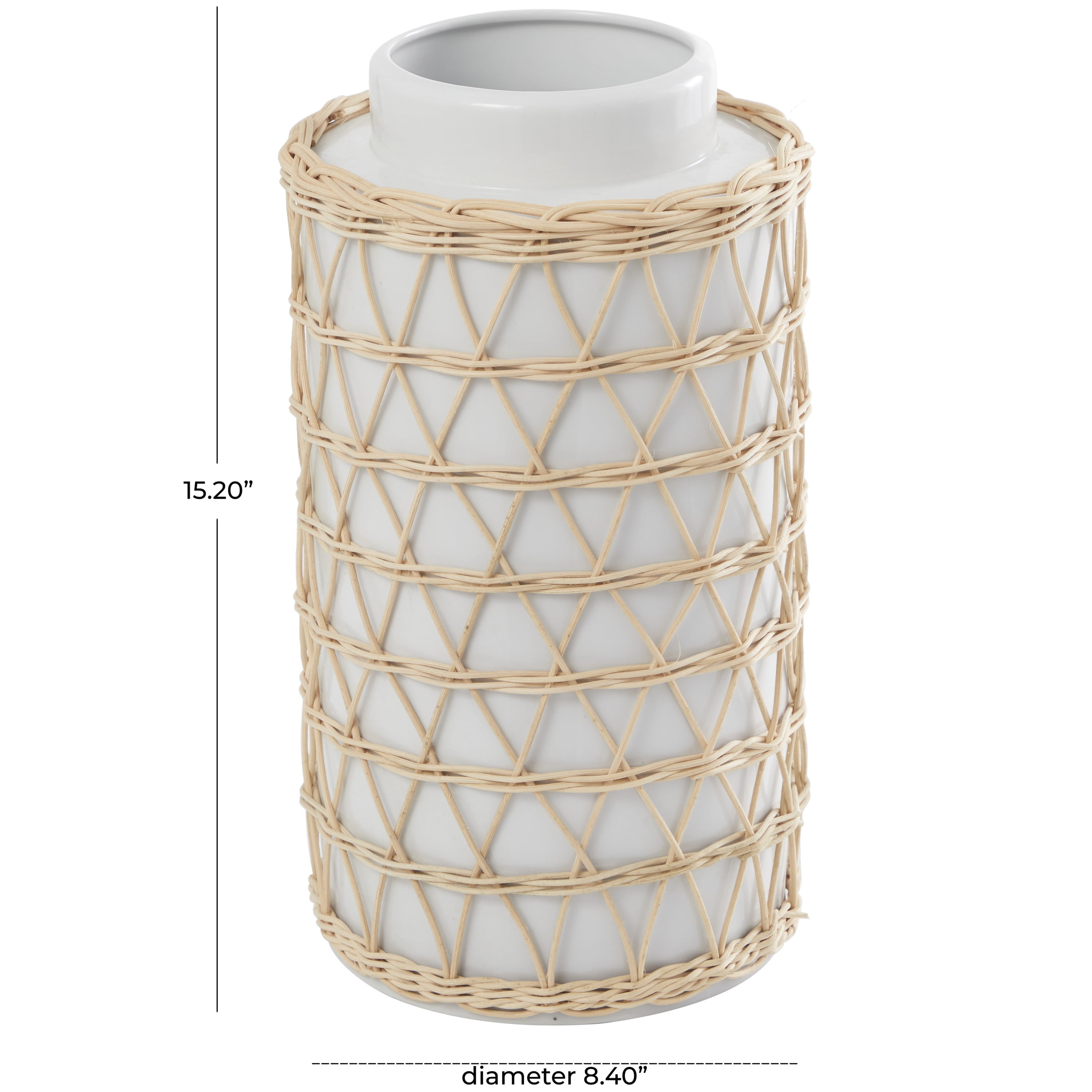 DecMode 15" Handmade White Ceramic Vase with Woven Rattan Exterior