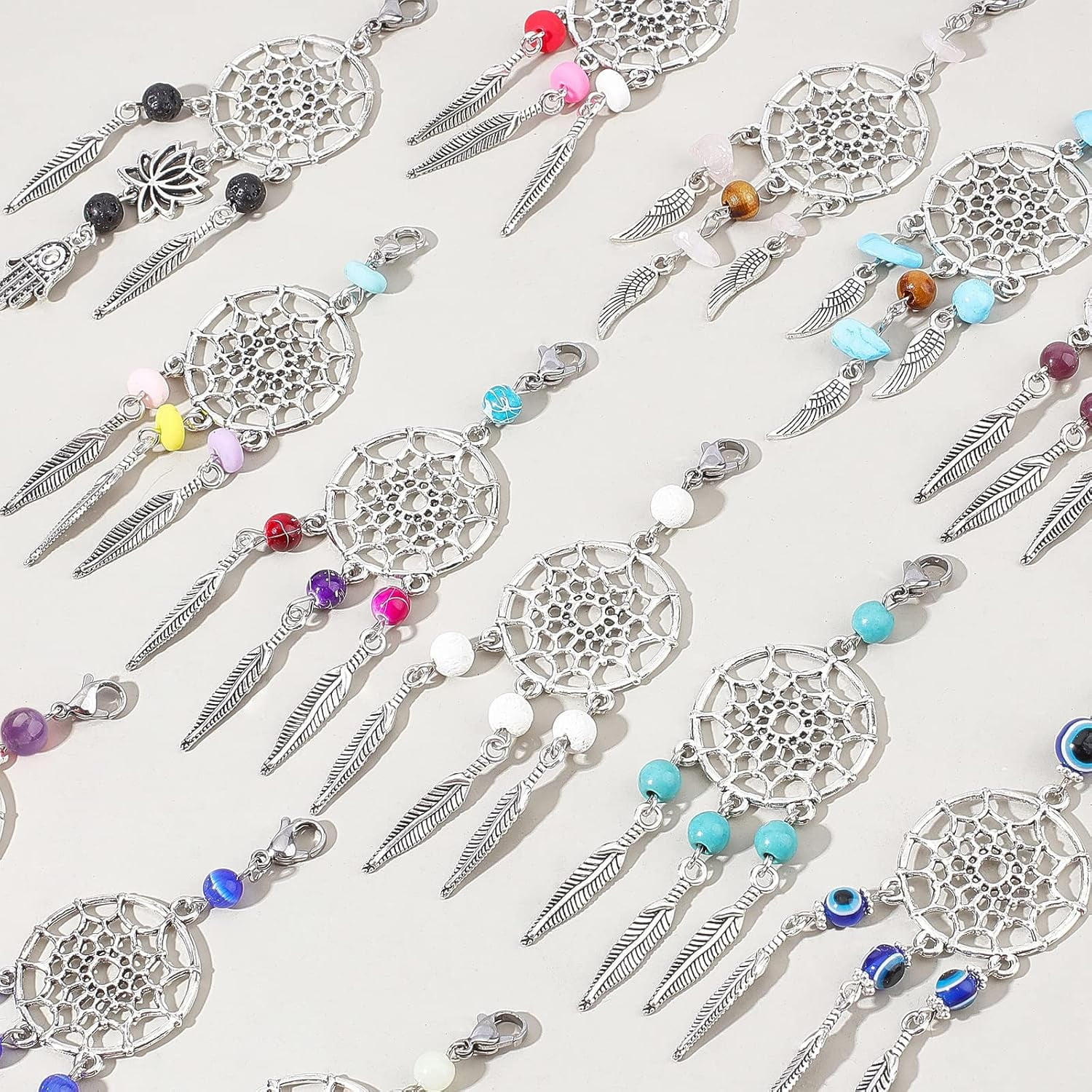 32 Pcs 11 Styles Dreamcatcher Charms Colorful Wood Beads Dream Catcher Pendants with Alloy Findings Lobster Claw Clasps and Feathers for Earrings Necklace and Keyring MakingMixed Color