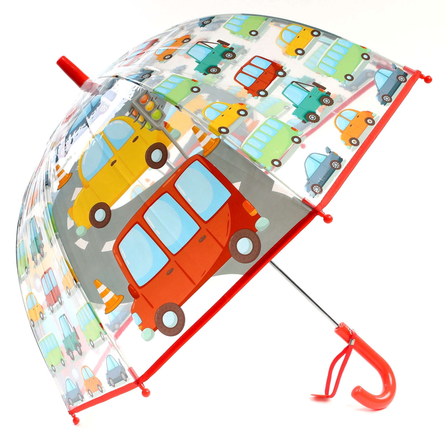 Kid's Clear Transparent Umbrella with Cartoon Cars Pattern, Red Trim, Durable Windproof Children's Rain Umbrella for Boys, Toddler Outdoor Rain Gear