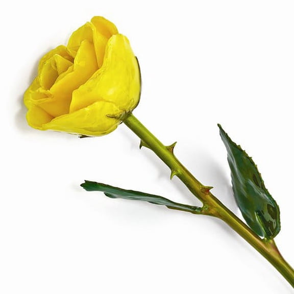 Lacquer Dipped Natural Yellow Rose w/Green Leaves & Stem