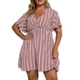 thumbnail image 3 of Women'S Plus Size Dress V Neck Short Sleeve Striped Smocked Waist A Line Short Summer Dress Pink L, 3 of 7