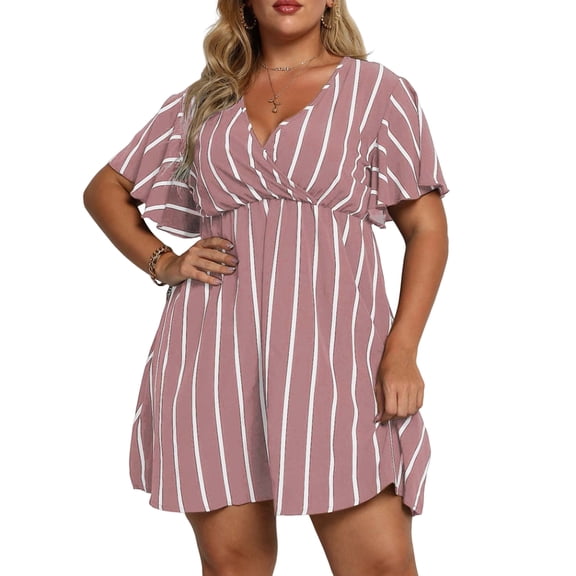 Women'S Plus Size Dress V Neck Short Sleeve Striped Smocked Waist A Line Short Summer Dress Pink XXXL