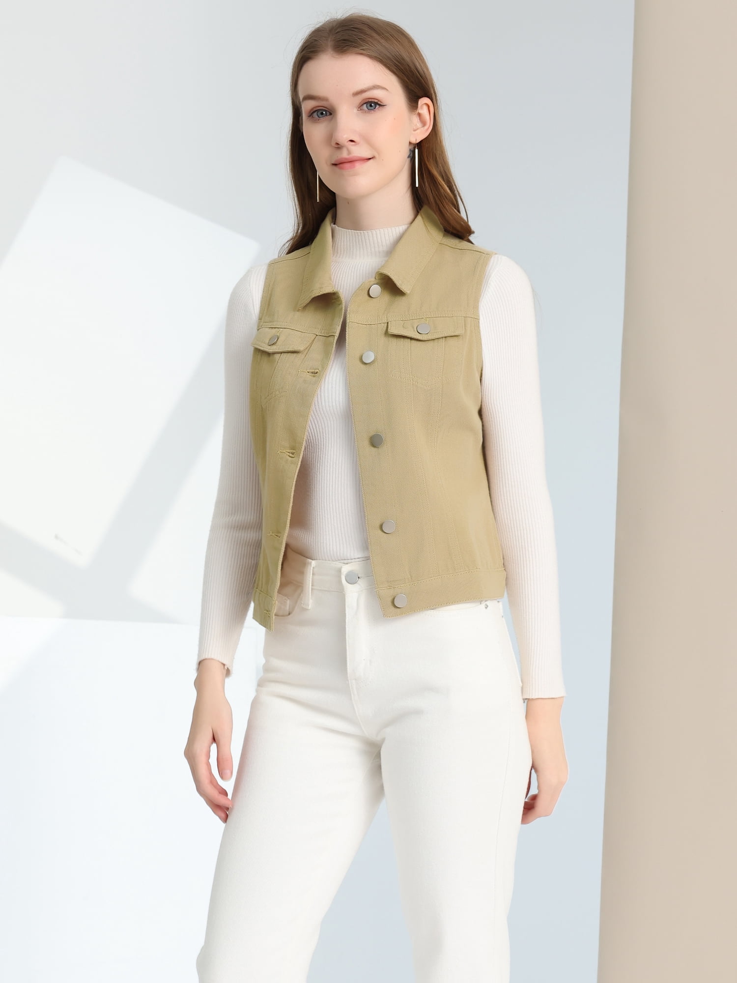 DARING DIVA Women's Denim Sleeveless Flap Pockets Vest Jacket L Light Khaki