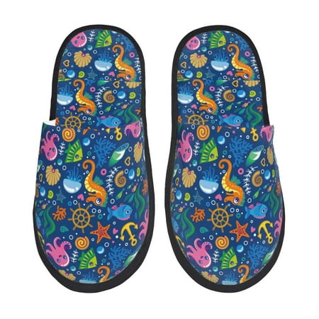 Balery Sea Fish Slient Indoor Furry Fleece Comfort House Shoes Soft Non-Slip Home Shoes Cotton slippers House Slippers-- Large