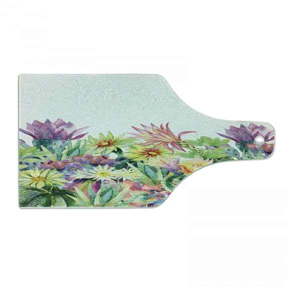 Watercolor Cutting Board, Fine Art Botanical Painting of Abstract Garden Flowers and Succulents, Decorative Tempered Glass Cutting and Serving Board, in 3 Sizes, by Ambesonne