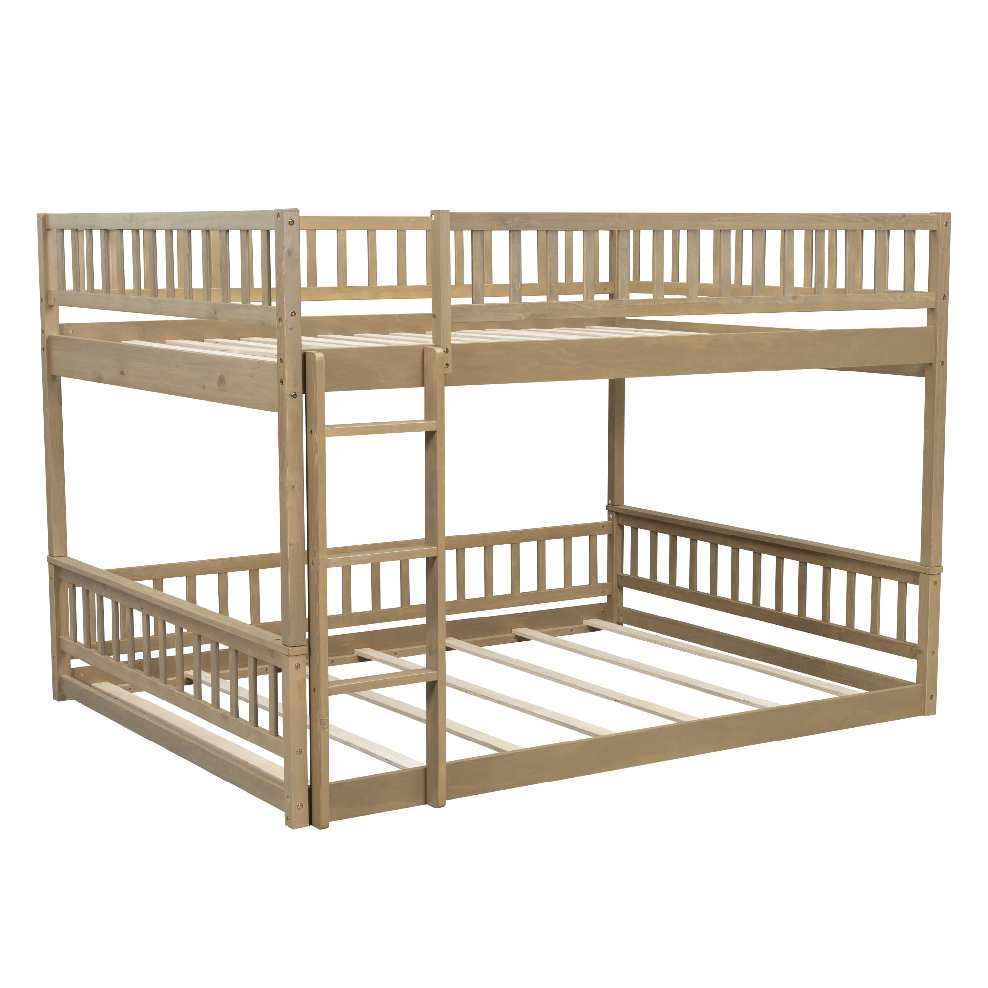 Euroco Wood Queen over Queen Bunk Bed with Ladder and Guardrails, Walnut