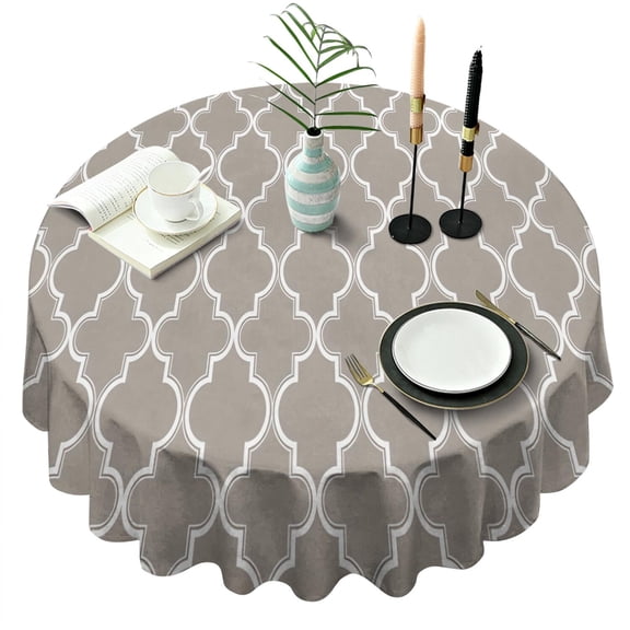 Brown Geometric Quatrefoil Pattern Round Tablecloth 60"x60",Wrinkle Wipeable Table Cloth for Kitchen Dining Room Picnic Patio Party