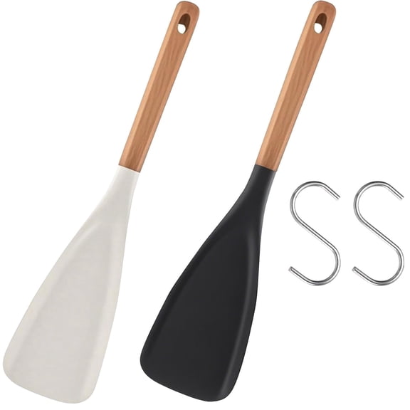 IRuiYinGo Cooking Spoon for Nonstick Cookware, Silicone Spoon Spatula Set with Wooden Handle, Heat-Resistant for Kitchen Cooking Utensils, 2 Pack