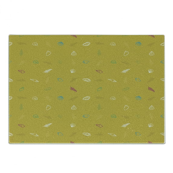 Scallop Cutting Board, Simplistic Continuous Ornaments Snail Shell Sea Fern, Decorative Tempered Glass Cutting and Serving Board, in 3 Sizes, by Ambesonne