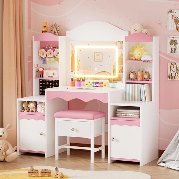 PakaLife 42.2" Kids Vanity, Little Girl Vanity with Lights and Storage Shelves, 2 in 1 Toddler Vanity with Mirror and Stool, for Girls