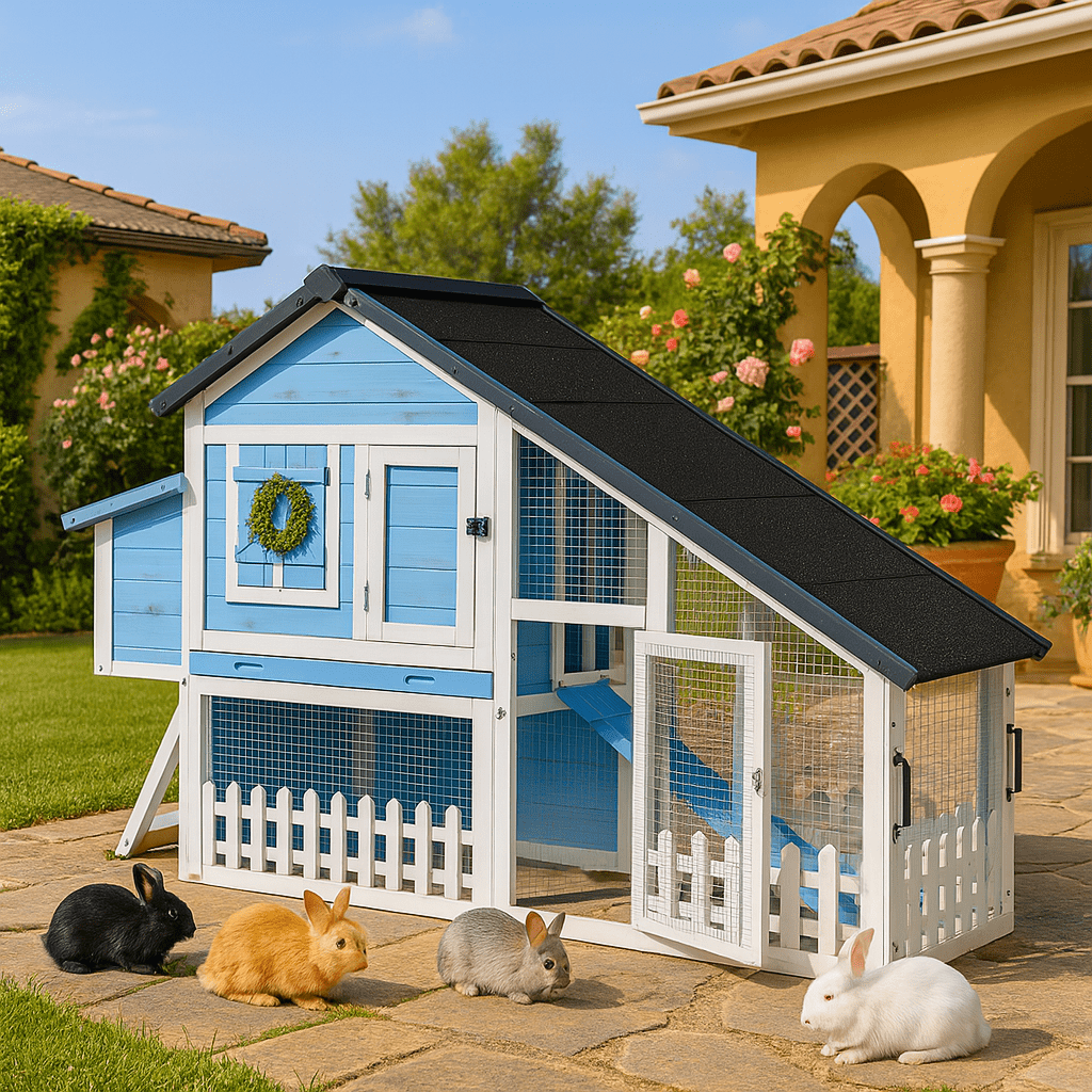 MEWANG Wooden Rabbit Hutch with Wheels, Outdoor Large Bunny Cage with Run, Blue and White Small Animal House with Weatherproof Roof and Pull-Out Tray