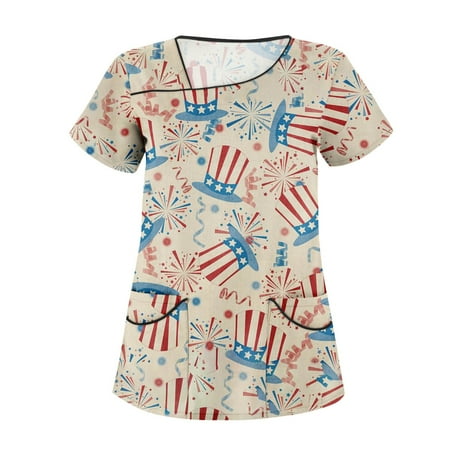 

TKing Fashion Independence Day Women Plus Size Scrubs Top V-Neck Short Sleeve Printed Pockets Work Blouse for Women Khaki 4XL