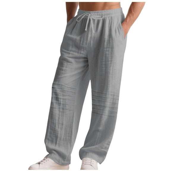 Men's Cotton Linen Pants Elastic Waist Drawstring Casual Trouser Lightweight Straight-Legs Loose Beach Pants