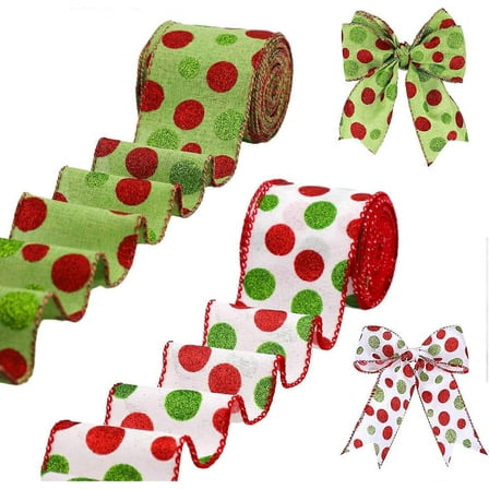 2 pieces, 5 yards x 2.5" wide, red and green polka dot Christmas ribbon
