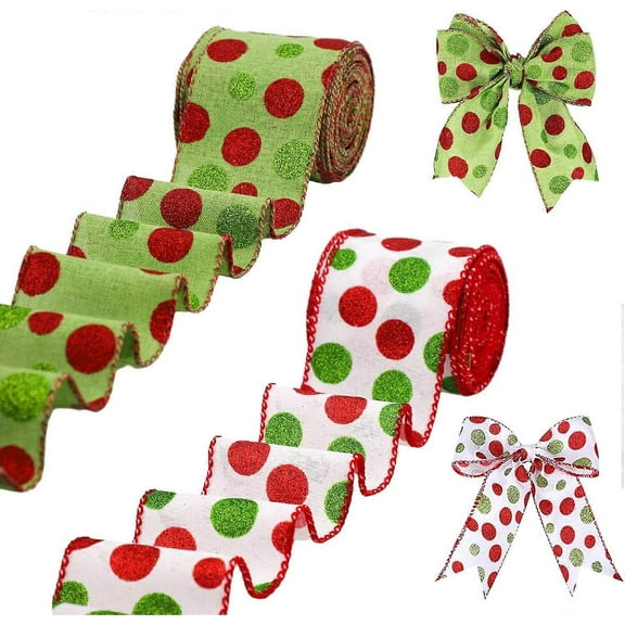 2 pieces, 5 yards x 2.5" wide, red and green polka dot Christmas ribbon