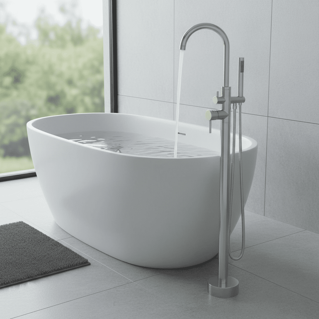 ROOMISLAND Floor Mount Bathtub Faucet Freestanding Tub Filler Standing High Flow Shower Faucets Shower Mixer Taps, with Handheld Shower, Silver