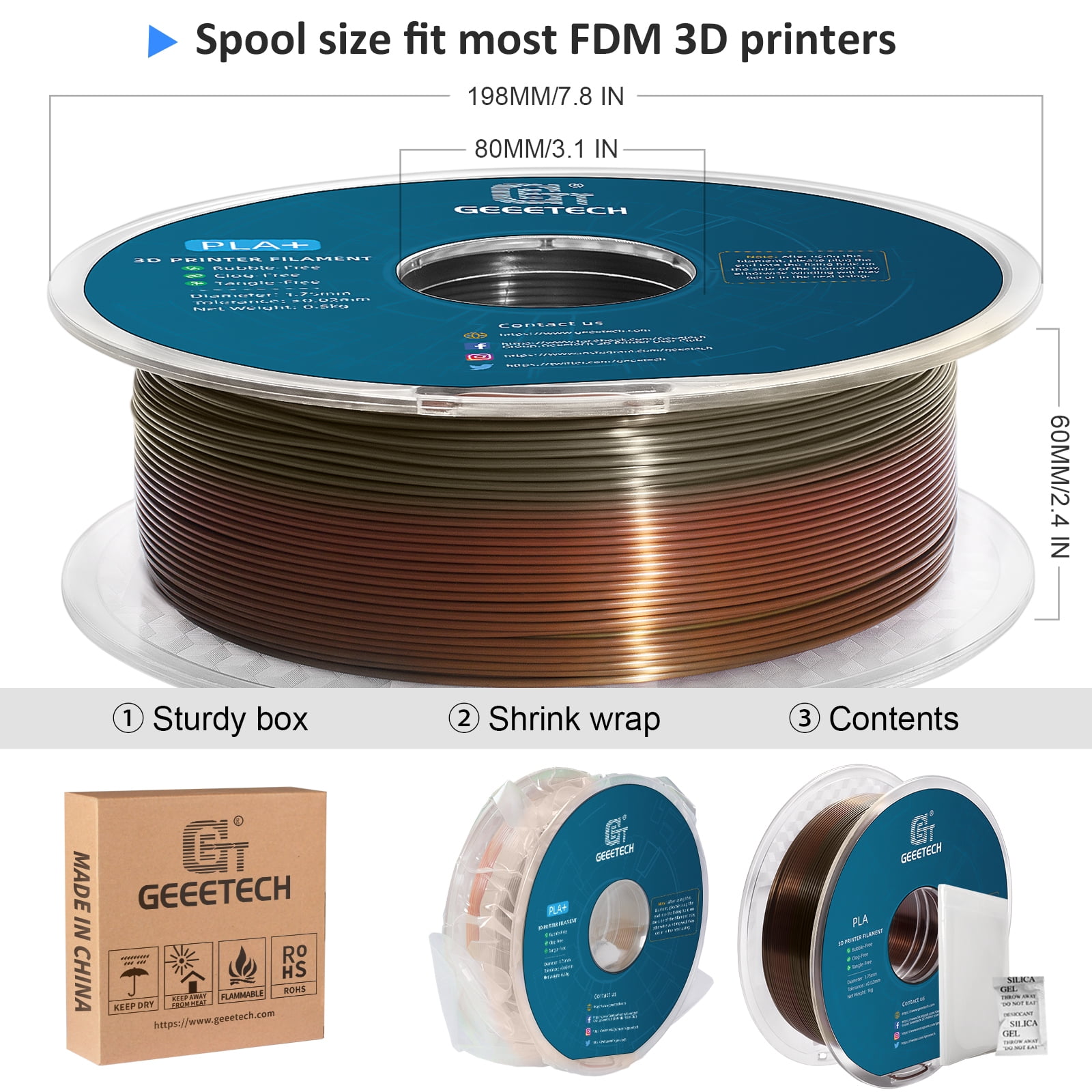 Geeetech semi-red and semi-copper 3D Printer PLA Filament 1KG Toughness Enhanced Filament with 1.75mm Dimensional Accuracy +/-0.03mm, 1080 Feet per Roll, Vacuum Packaging