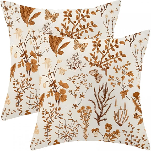 AUQ 2026 New Fall Pillow Covers 16X16 Inch Set of 2,Burnt Orange Wild Flower Plant Throw Pillows Case,Seasonal Floral Outdoor Decorative Square Linen Farmhouse Decor Cushion Covers for Home Sofa Bed
