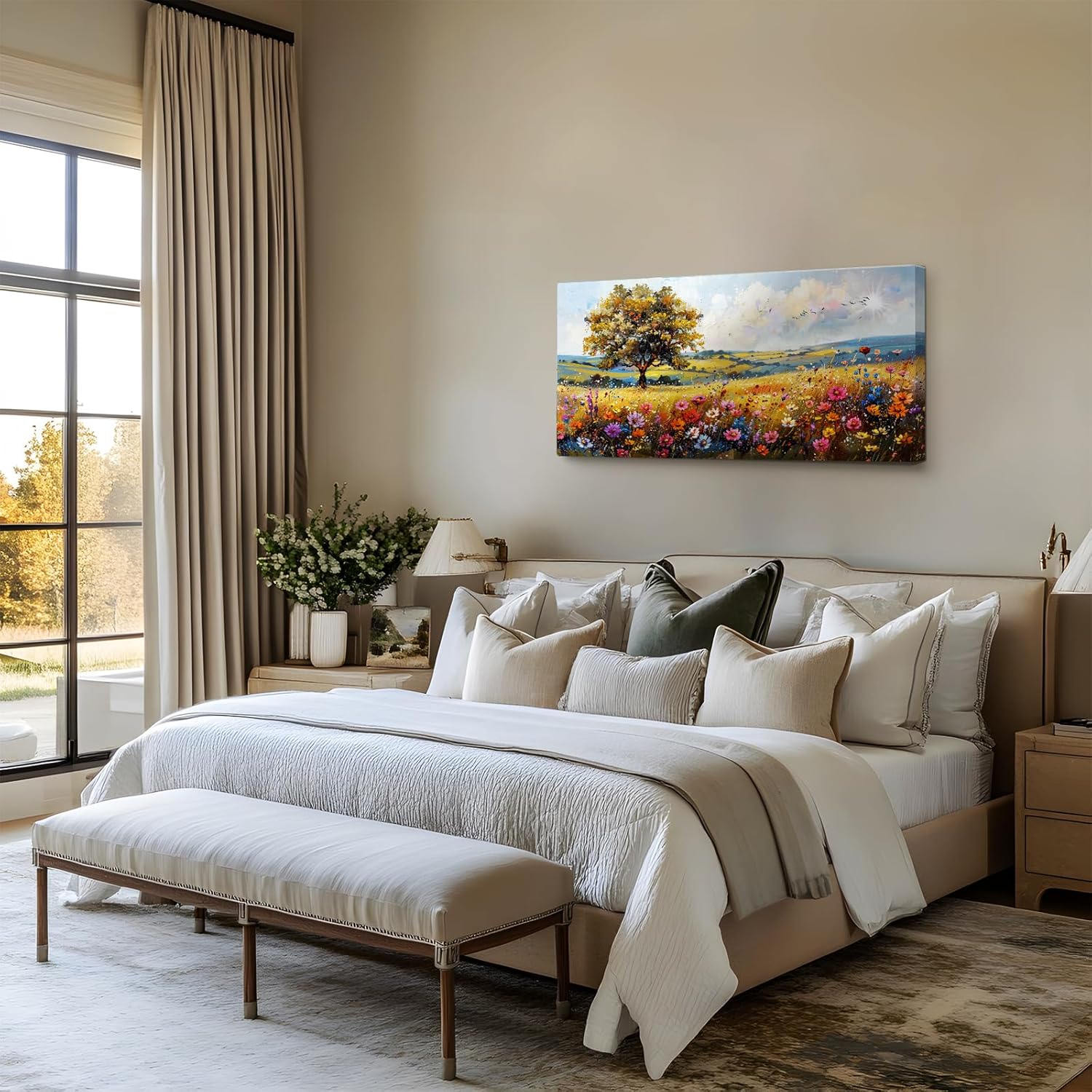 Tree Landscape Wall Art Print Country Wildflower Large Artwork Spring Colorful Scenery Painting for Living Room Bedroom Modern Rustic Farmhouse Decor - 20"x40"