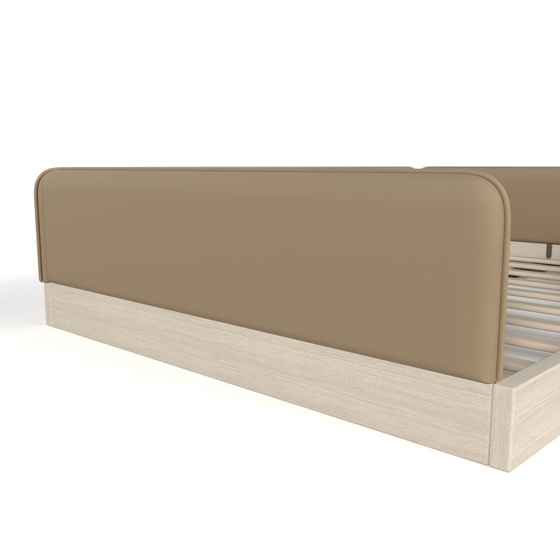 Queen Size Faux Leather Upholstered Floor Bed, Kids Montessori Bed Frame with Removable Guardrail, Low Profile Platform Bed