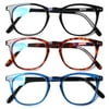 3 Pack Men and Women Reading Glasses Round Frame Blue Light Blocking High-Quality Reader Large