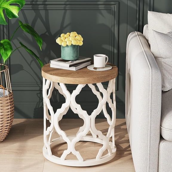 Farmhouse End Table, 18.5'' French Country Round Side Table, Distressed Tray Top Side Table with Curved Motif Frame Base for Boho, End Tables Living Room, Bedroom, Small Space, Easy Assembly