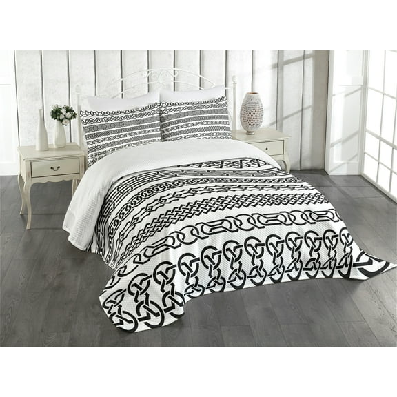 Ambesonne Irish Quilted Bedspread Set 3 Pcs, Vintage Celt Ornaments, Queen Size, Black White