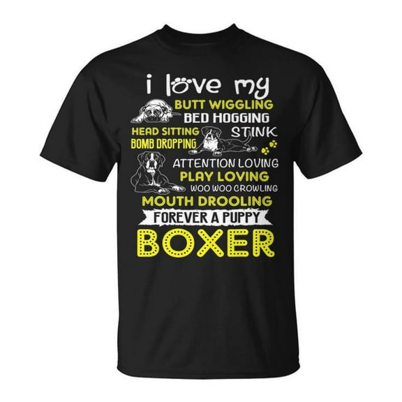 I Love My Puppy Boxer Butt Wiggling Dog Graphic Tee Unisex Adult Cotton T-Shirt Cute Dog Design Comfortable Casual Wear for Boxer Lovers, Size 4XL, Color Black