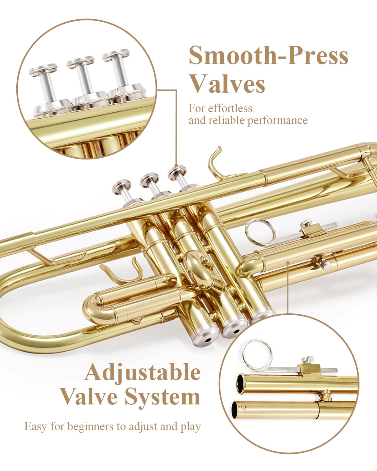 Eastar Bb Standard Trumpet Set for Student Beginners, Brass Instrument with Gold Lacquer Finish & Carrying Case for School Band
